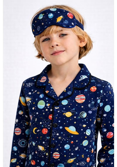 Beka Kids Desenli Uzun Kollu Önden Düğmeli Gömlek Yaka Erkek Çocuk Pijama Takımı Ve Göz Bandı Lacivert Beka Kids Desenli Uzun Kollu Önden Düğmeli Gömlek Yaka Erkek Çocuk Pijama Takımı Ve Göz Bandı Lacivert