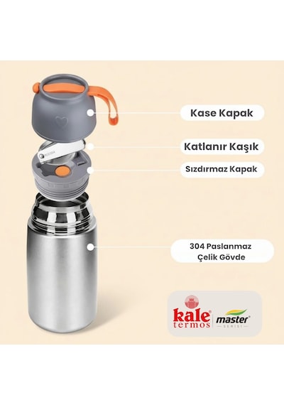 Kale Master 650 Ml Çelik Yemek Termosu 304 Paslanmaz Çelik Termal Yemek Kabı, Katlanabilir Kaşıklı Ve Taşıma Kulplu-497 Gümüş