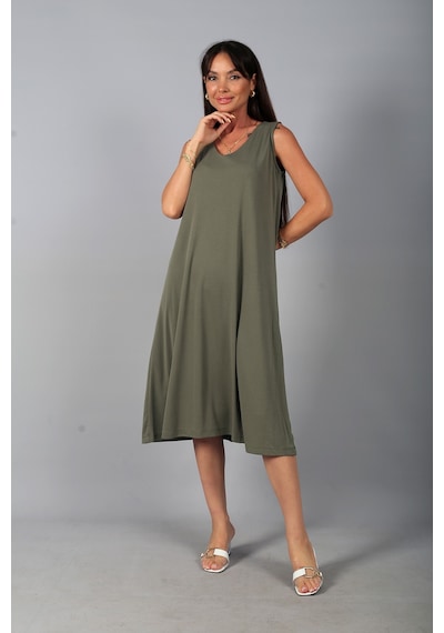 By Saygı Kadın V Yaka Ön Pervazlı Pike Kumaş Kolsuz Oversize Midi Elbise Haki