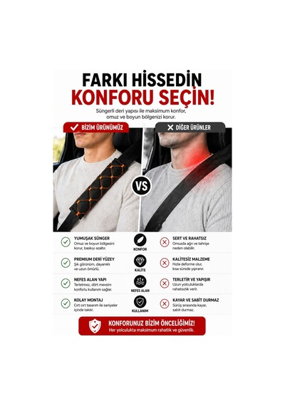 Her Araca Uygun Suni Deri - Süngerli Emniyet Kemer Pedi Siyah-turuncu