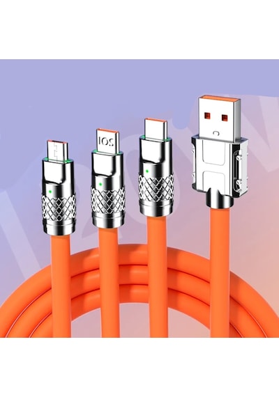 T-Max 3 In1 Süper Hızlı 120 W 6A Type-C + Micro USB + Lightning Şarj Kablosu Turuncu