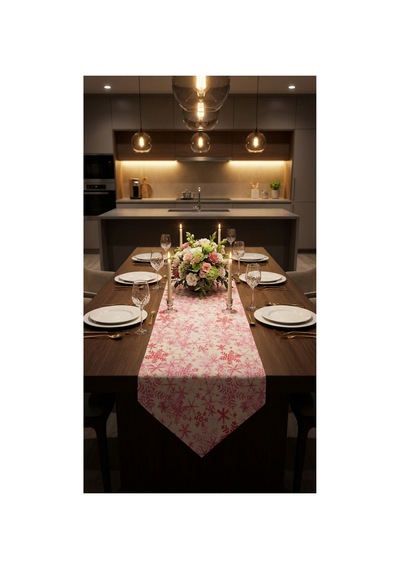 %100 Pamuk Simli Kumaş Pembe Desenli Üçgen Runner 40x110 Pembe - 890395106 Pembe