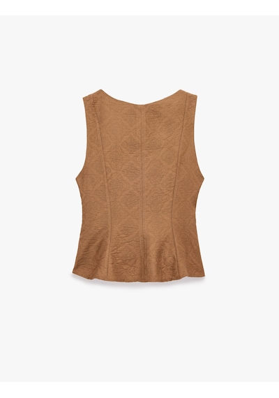 Koton Viskon Kumaş Floral Dokulu Kolsuz Bisiklet Yaka Peplum Bluz Kahverengi 6sak30097pw Kahve