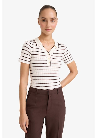 Defacto Fitted Polo Yaka Çizgili Kısa Kollu Triko Kazak G0471ax25auer105 Ekru