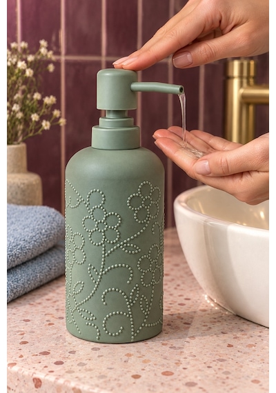 Rosıe Adaçayı Yeşili Çiçek Dokulu Yuvarlak Seramik Sıvı Sabunluk 350 Ml Karışık