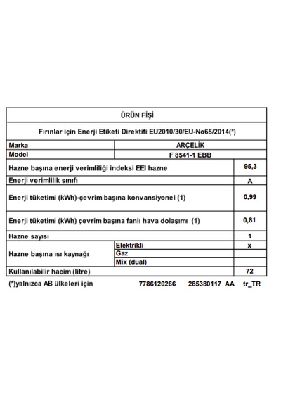 Arçelik F 8541-1 EBB 72 L Ocaklı Fırın