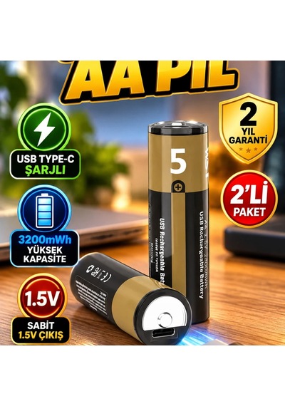 Usb Type-c Şarjlı Aa Lityum Pil 1.5v 3200mwh Hızlı Şarjlı 2 Li Paket