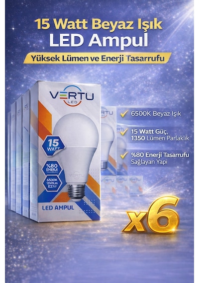 Led Ampul 15 Watt Beyaz Işık 6500k Yüksek Lümen E27 Duy Enerji Tasarruflu 6 Adet