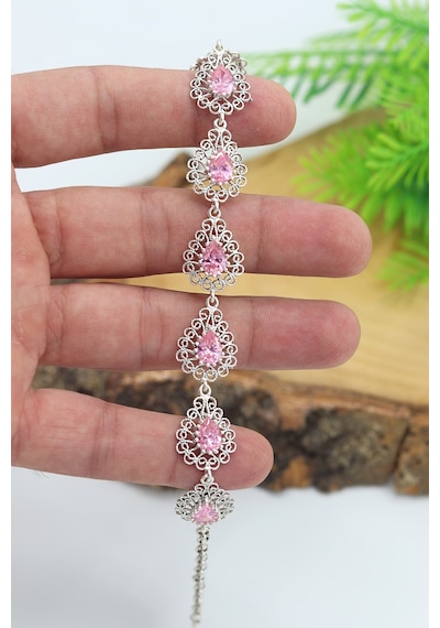 Pembe Kuvars Taşlı Damla Model 925 Ayar Gümüş Telkari Bileklik 201023137