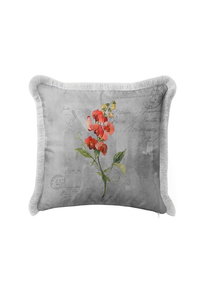 Vintage Çiçek Botanik Saçaklı Yastık Kılıfı - Nostaljik Floral Gri Krem Püsküllü Kırlent Kılıfı Gri