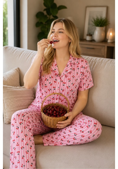 Rindahomewear Büyük Beden Cizgili Kiraz Desen Milan Düğmeli Pijama Takımı Pembe