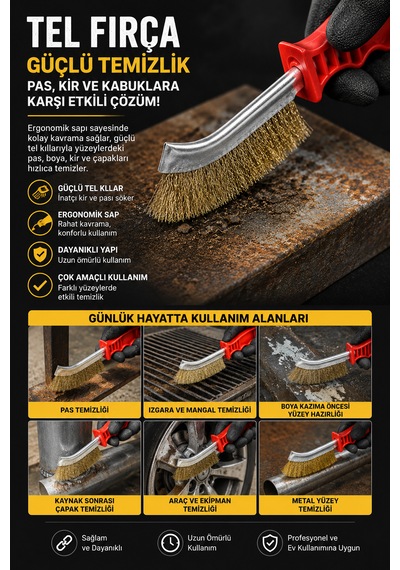 Profesyonel Tel Fırça Pas Sökücü Metal Temizleme Fırçası Ergonomik Saplı Çok Amaçlı