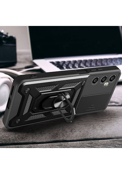 Realme C65 4g Kılıf Sürgülü Kamera Koruyucu Manyetik Standlı Tank Koruma Celikaksesuar Siyah