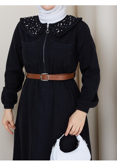 Hb Harma Time Butik Kadın Taş Detaylı Fermuarlı Kemerli Tesettür Kot Siyah Elbise Hb Harma Time Butik Kadın Taş Detaylı Fermuarlı Kemerli Tesettür Kot Siyah Elbise