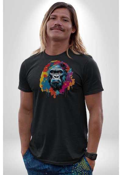 Renkli Maymun Goril Unisex Unisex Siyah Organik Baskılı T-shirt Penye Yüksek Kalite Siyah