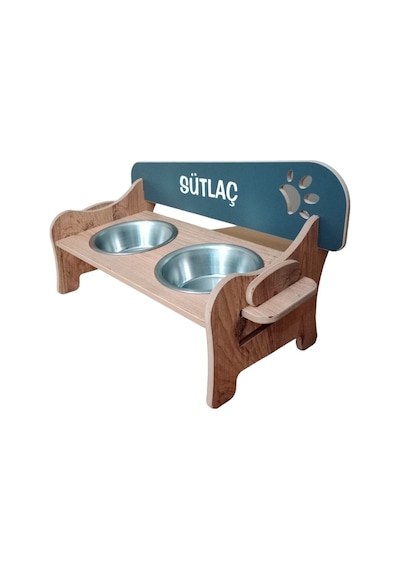 Özel İsim Baskılı, Ahşap, Kademeli, Eğimli, Çelik Kaseli, Kedi-köpek Mama Ve Su Kabı Stantı