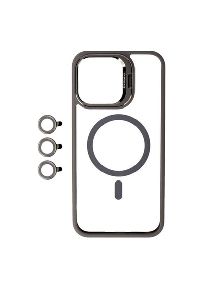 Apple Uyumlu iPhone 15 Pro Max Kılıf M-safe Şarj Özellikli Standlı Zore M-safe Klon Lensli Kapak Gri