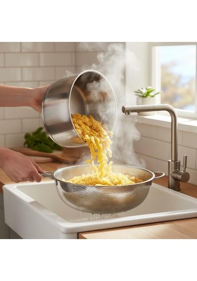 Premium Paslanmaz Çelik Küçük Mutfak Süzgeci, Çift Kulplu Metal Pirinç Yıkama Kabı, Isıya Dayanıklı Delikli Meyve Ve Sebze Süzme Kasesi 25 Cm