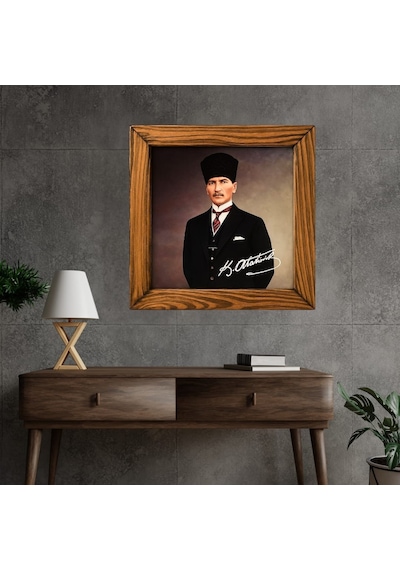 Ahşap Çerçeveli Atatürk Portresi Seramik Tablo 29x29cm Model 1