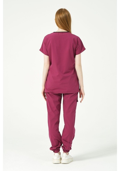 Vişne Likralı Scrubs Kargo Cep Jogger Paça Doktor Hemşire Forması Yarasa Kol Takım Unisex