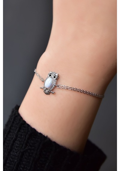 Papatya Silver 925 Ayar Gümüş Rodyum Kaplama Beyaz Opal Baykuş Bileklik