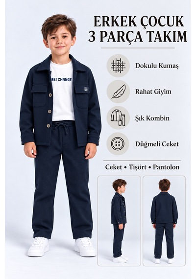 Ahengim Şık Erkek Çocuk 3 Lü Giyim Seti Ceket, Baskılı Tişört Ve Pantolon Takımı Ak6218 Lacivert Ahengim Şık Erkek Çocuk 3 Lü Giyim Seti Ceket, Baskılı Tişört Ve Pantolon Takımı Ak6218 Lacivert
