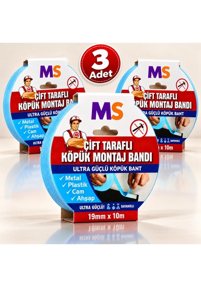 3 Adet Ultra Güçlü Çift Taraflı Köpük Montaj Bandı 19 Mm X 10 Mt Metal Plastik Cam Bantı Bantları