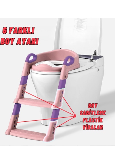 Dekohop Çocuk Merdivenli Klozet Adaptörü Yükseklik Ayarlı Pratik Pembe