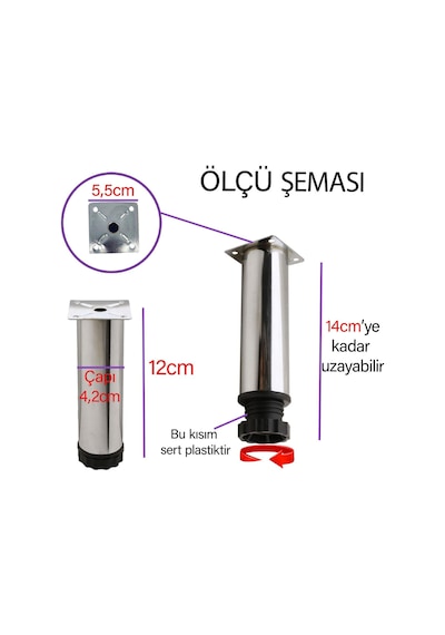 4 Adet Metal Ayarlanabilir 12 Cm Krom Destek Ayağı Mobilya Kanepe Baza Koltuk Dolap Sehpa Tv Ünitesi Ayağı