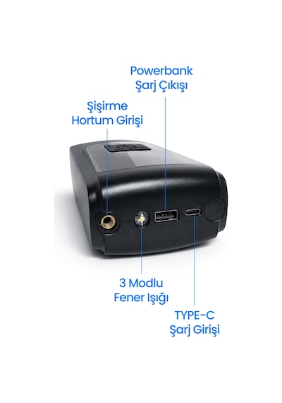 Dijital Ekranlı Şarjlı Araç Hava Kompresörü Ledli Powerbank Lastik Top Yatak Şişirme Pompası 150psi