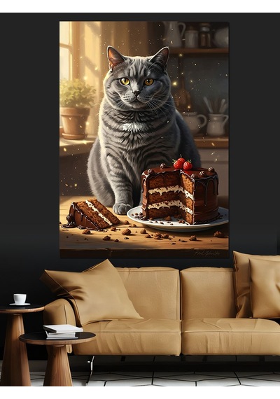 Ahşap Tablo Pasta Yiyen Gri Kedi