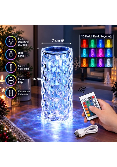 Yüksek Kalite Renkli Kristal Masa Lambası Usb Rgb Multi Colors Totch Lamp Kumandalı Yılbaşı Işığı