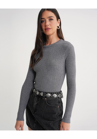 Mixray 6938 Kadın Bisiklet Yaka Fitilli Triko Body Gri