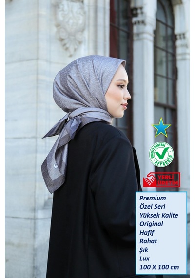 Eşarp - Premium Lux Original Monogram Eşarp İpek Vual, Yüksek Kalite, Hafif, Rahat, Şık, Scarf Gri Füme Şeritli