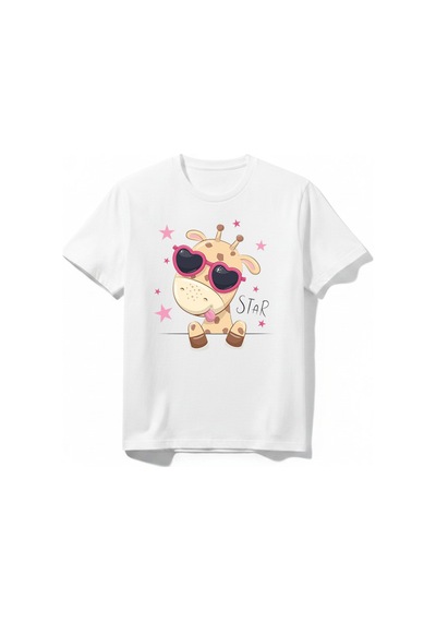 Urbantrendstore Zürafa Baskılı Star Kız Çocuk Sade Basic Günlük Unisex Bisiklet Yuvarlak Yaka Basic Kısa Kollu %100 Pamuk Tişört Beyaz