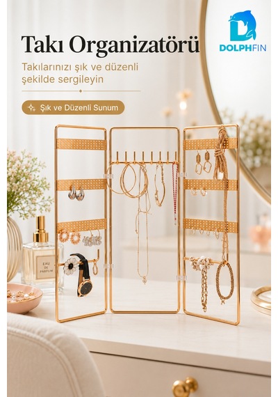 3 Kanatlı Katlanabilir Takı Organizeri Küpe Kolye Bileklik Standı Gold Altın