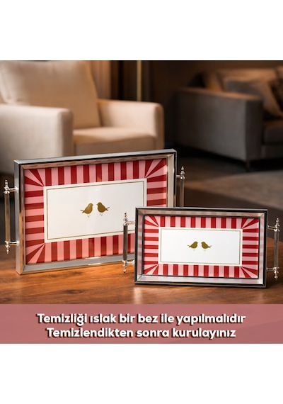 Porsima 4387 2'li Dekoratif Dikdörtgen Servis Tepsi Seti - Çay Ve Kahve Kahvaltılık Sunum Tepsisi Pembe