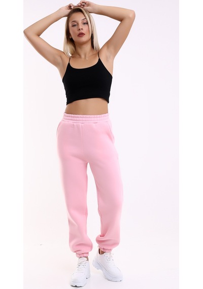 Winmoda34 Kadın Üç İplik İçi Şardonlu Polarlı Eşofman Altı Jogger Rahat Kalıp Pembe