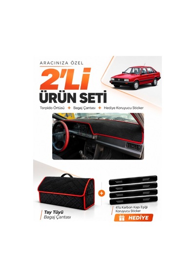 E-biz Volkswagen Passat B2 1980-1988 Uyumlu Torpido + Tay Tüyü Çanta - Siyah-kırmızı - Vw014