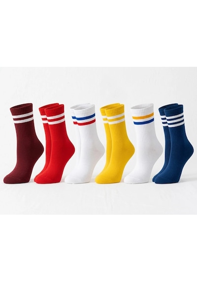 Biçomi Unisex Renkli Çorap Çizgili 12'li Set Uzun Soket Günlük Spor Kolej Stil Rahat Şık Kadın Erkek Çorabı Çok Renkli