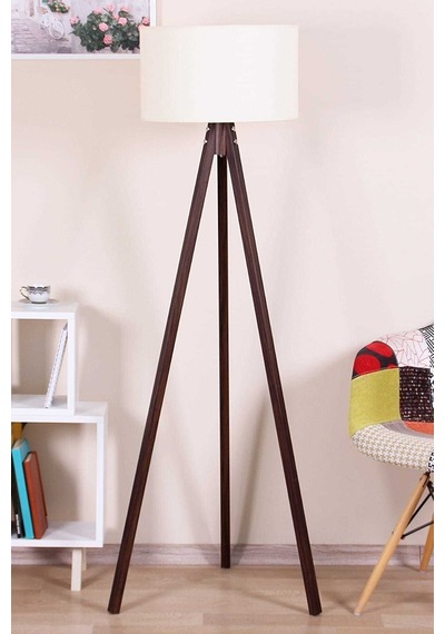 Ahşap Lambader Tripod Abjur Krem Kahve Ly523
