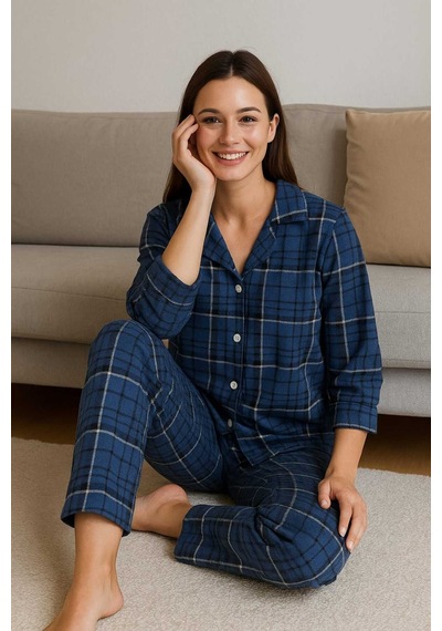 Tenra Kadın Pijama Takımı Boydan Düğmeli Süet Kareli Desenli Lacivert