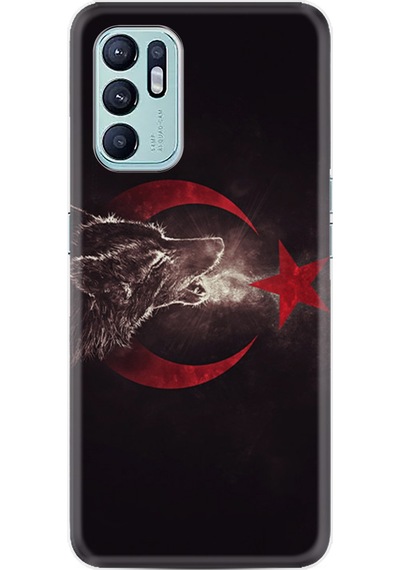 Oppo Reno 6 Kılıf Resimli Desenli Baskılı Silikon Kurt ve Ay Yıldız 1403