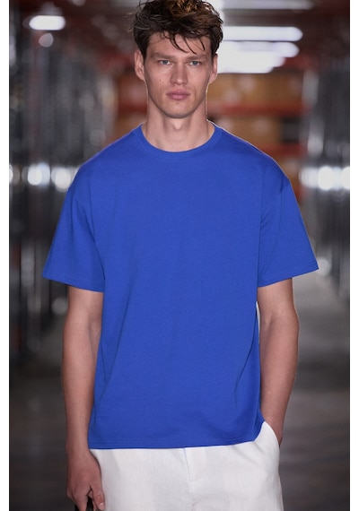 Grımelange Jett Erkek Oversize Fit %100 Organik Pamuk Kalın Dokulu Bisiklet Yakalı Koyu Mavi T-shirt