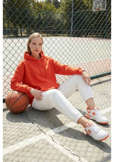 Lela Regular Fit Pamuklu Kapüşonlu Yaka Şardonlu Kışlık Bayan Sweat 5863854 Oranj