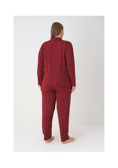 Estiva Kadın Puantiyeli Bordo Önden Düğmeli Soft Battal Pijama Takımı Çok renkli