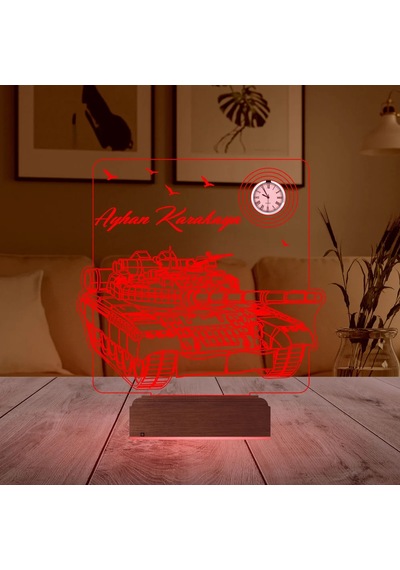 Luvivia Tank Asker Hediye Tankçı Kişiye Özel Metal Saatli 3d Lamba - Masa Gece Lambası