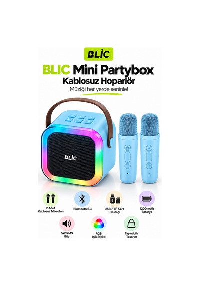 Blic Bls-97 Mavi Partybox Çift Kablosuz Mikrofonlu Rgb Led Işıklı Taşınabilir Bluetooth Hoparlör