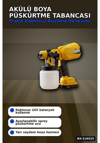 Akülü Boya Püskürtme Tabancası Ayarlanabilir Sprey Uçlu Şarjlı Boyama Aleti Bx-316025