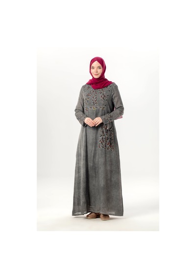 Eliş Şile Bezi Uzun Kol Sultan Tek Cepli Yazlık Uzun Poplin Elbise Füme Fm